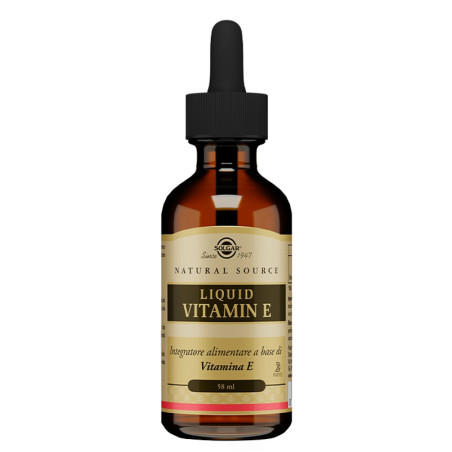 Flacone da 58 ml di Solgar Liquid Vitamina E, integratore per rallentare l'invecchiamento.