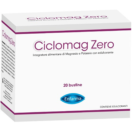 Confezione da 20 bustine di Ciclomag Zero integratore di magnesio e potassio senza zucchero.