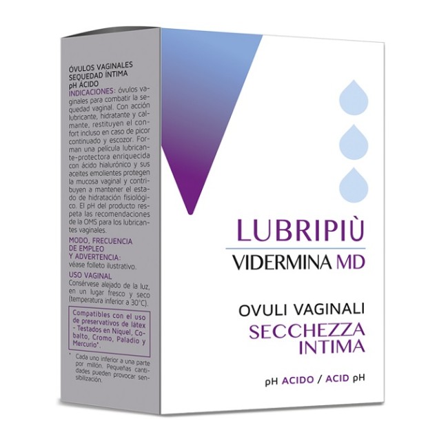Confezione da 10 ovuli di Vidermina MD Lubripiù Ovuli Vaginali, ovuli vaginali per l'igiene intima. Confezione da 10 ovuli di Vidermina MD Lubripiù Ovuli Vaginali, ovuli vaginali per l'igiene intima.