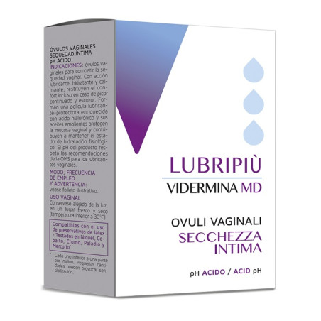 Confezione da 10 ovuli di Vidermina MD Lubripiù Ovuli Vaginali, ovuli vaginali per l'igiene intima.