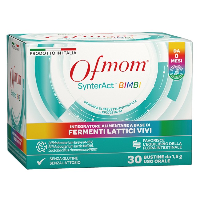 Confezione da 30 stick di Ofmom Synteract Bimbi, integratore per intestino e difese immunitarie.