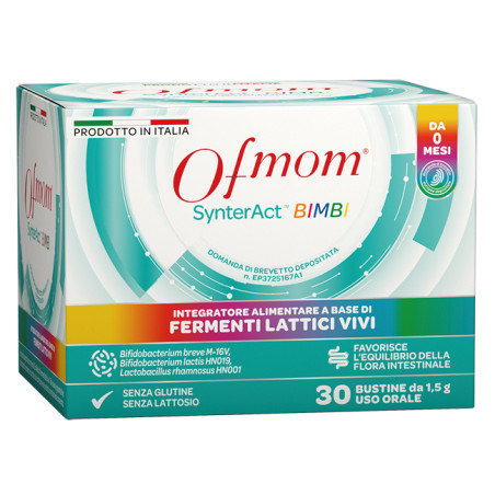 Confezione da 30 stick di Ofmom Synteract Bimbi, integratore per intestino e difese immunitarie.