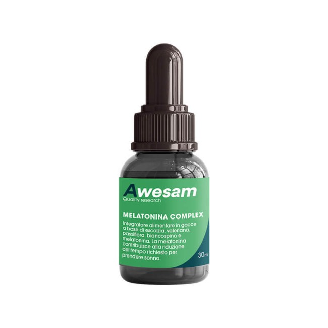 Flacone da 30 Ml di Awesam Melatonina Complex integratore che favorisce sonno e rilassamento. Flacone da 30 Ml di Awesam Melatonina Complex integratore che favorisce sonno e rilassamento.