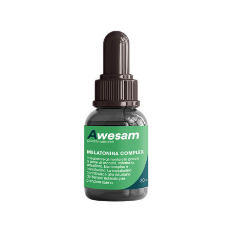 Flacone da 30 Ml di Awesam Melatonina Complex integratore che favorisce sonno e rilassamento.