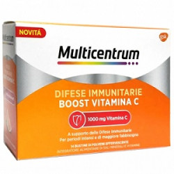 Confezione da 14 bustine di Multicentrum Difese, integratore di vitamine e sali minerali utile per il sistema immunitario.