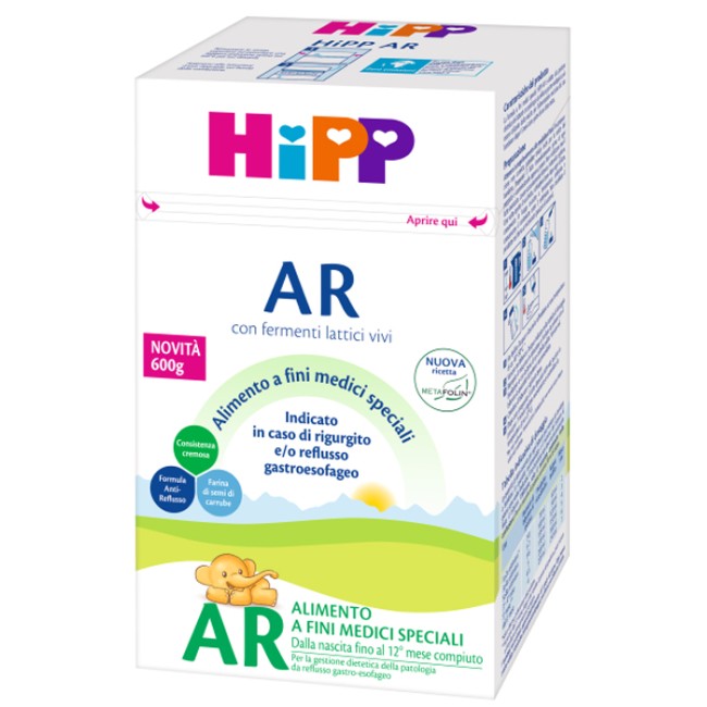 Confezione da 600 g di Hipp AR, latte antireflusso e antirigurgito con metafolina. Confezione da 600 g di Hipp AR, latte antireflusso e antirigurgito con metafolina.