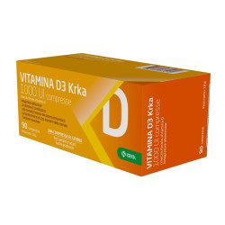 Confezione da 90 compresse di Vitamina D3 Krka 1000 UI, integratore per energia e sistema immunitario.