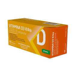 Confezione da 60 compresse di Vitamina D3 Krka 1000 UI, integratore ricostituente e immunostimolante.