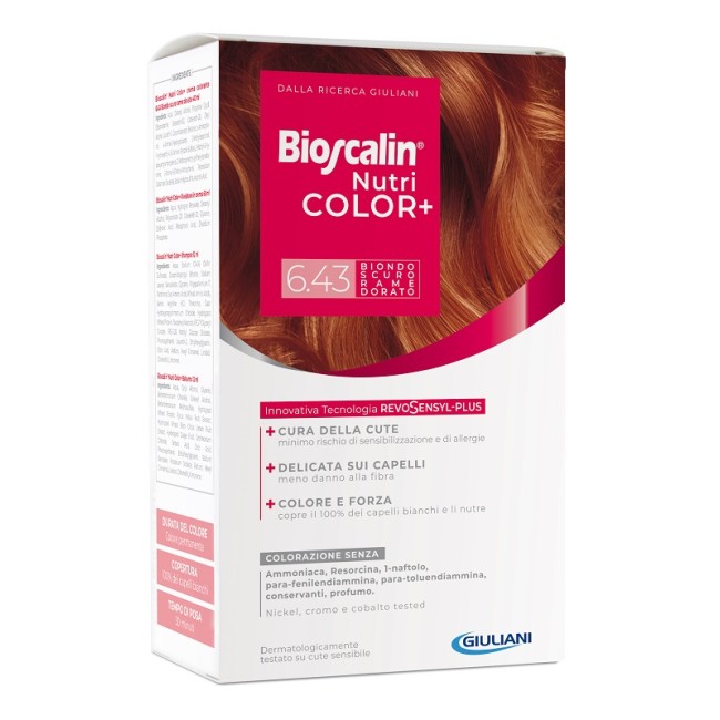 BIOSCALIN NUTRICOLOR PLUS 6,43 BIONDO SCURO RAME DORATO CREMA COLORANTE 40 ML + RIVELATORE CREMA 60 ML + SHAMPOO 12 ML + TRATTAM BIOSCALIN NUTRICOLOR PLUS 6,43 BIONDO SCURO RAME DORATO CREMA COLORANTE 40 ML + RIVELATORE CREMA 60 ML + SHAMPOO 12 ML + TRATTAM