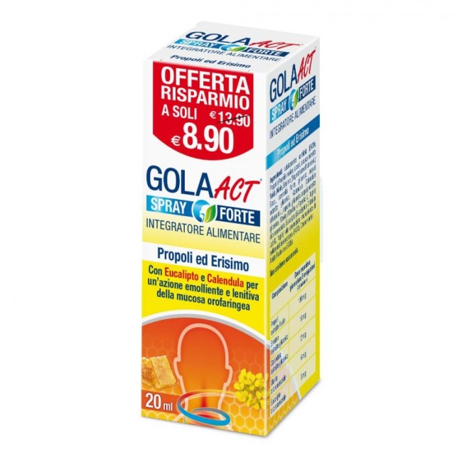 Flacone da 20 ml di Gola Act Spray Forte, integratore per il benessere della gola. Flacone da 20 ml di Gola Act Spray Forte, integratore per il benessere della gola.