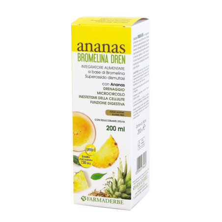Flacone da 200 ml di Ananas Bromelina Dren, integratore per drenaggio dei liquidi e circolazione sanguigna. Flacone da 200 ml di Ananas Bromelina Dren, integratore per drenaggio dei liquidi e circolazione sanguigna.