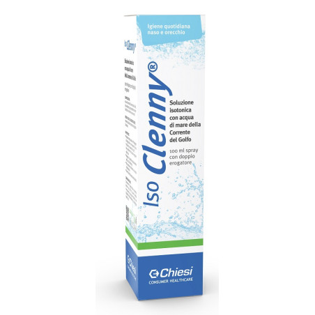 Flacone spray da 100 ml di Iso Clenny, soluzione isotonica per la pulizia di naso e orecchie.