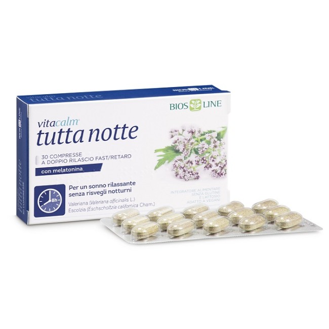 Confezione da 60 compresse di Bios Line Vitacalm Tutta Notte Con Melatonina, integratore per favorire il sonno. Confezione da 60 compresse di Bios Line Vitacalm Tutta Notte Con Melatonina, integratore per favorire il sonno.