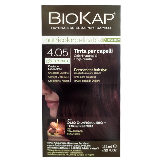 Tubetto da 135 ml di Bios Line Biokap Nutricolor Delicat Rapid 4.05, tinta per Capelli Castano Cioccolato.