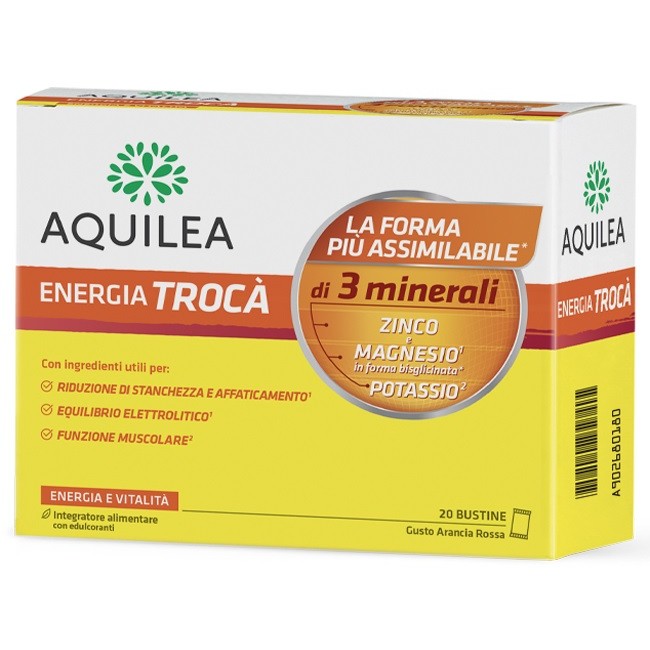 Confezione da 20 bustine di Aquilea Energia Trocà, integratore di sali minerali.