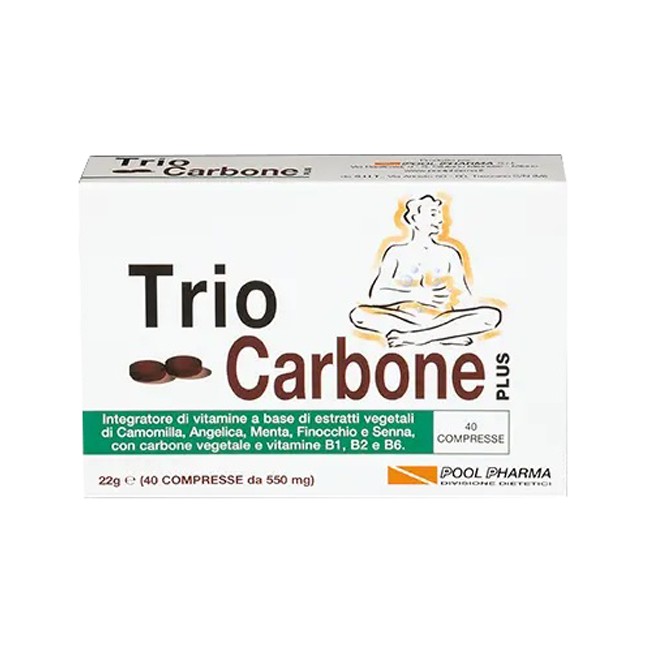 Confezione da 40 compresse di Trio Carbone Plus, integratore per pancia gonfia e meteorismo. Confezione da 40 compresse di Trio Carbone Plus, integratore per pancia gonfia e meteorismo.
