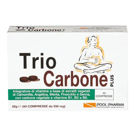 Confezione da 40 compresse di Trio Carbone Plus, integratore per pancia gonfia e meteorismo.