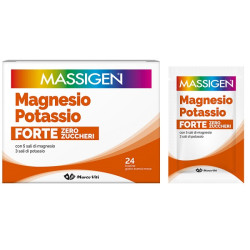 Confezione da 24 bustine di Massigen Magnesio Potassio Forte, integratore contro stanchezza e stress.