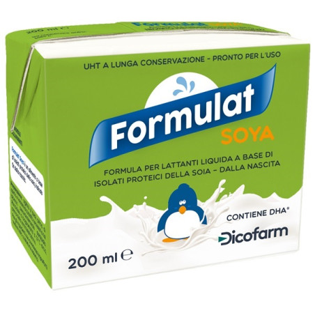 Confezione contenente 3 brik da 200 ml di Formulat Soya, latte per neonati allergici o intolleranti al latte vaccino. Confezione contenente 3 brik da 200 ml di Formulat Soya, latte per neonati allergici o intolleranti al latte vaccino.
