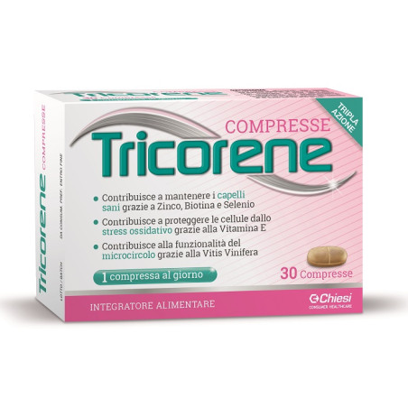 Confezione da 30 compresse di Tricorene, integratore tricologico per il benessere dei capelli.