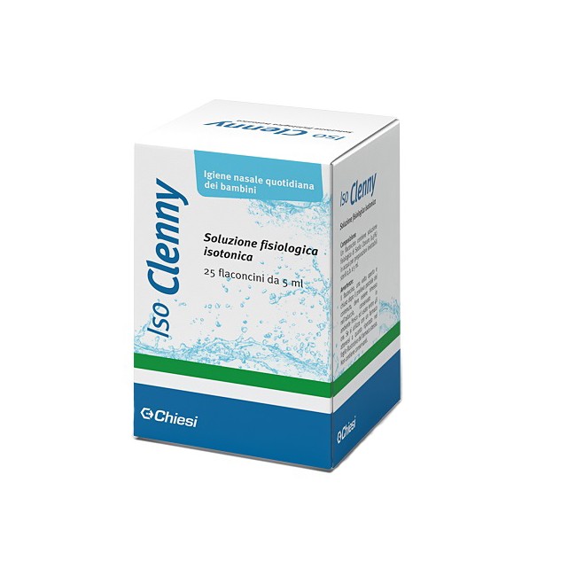 Confezione contenente 20 flaconcini da 5 ml di Iso Clenny, soluzione fisiologica per l'igiene nasale e oculare dei bambini.