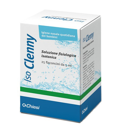 Confezione contenente 20 flaconcini da 5 ml di Iso Clenny, soluzione fisiologica per l'igiene nasale e oculare dei bambini.