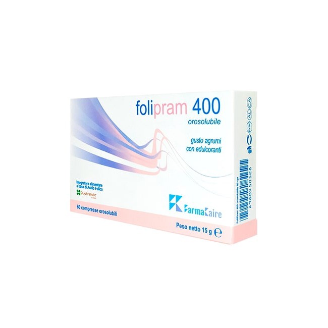 Confezione da 60 compresse di Folipram 400, integratore di acido folico per gravidanza e benessere generale.