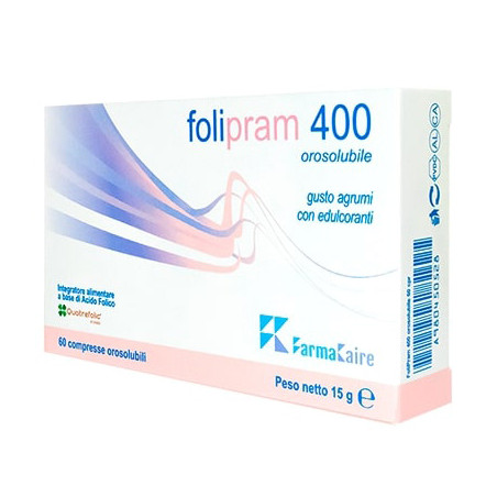 Confezione da 60 compresse di Folipram 400, integratore di acido folico per gravidanza e benessere generale.
