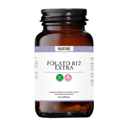Flacone da 30 capsule di Natur Folato B12 Extra, integratore per gravidanza e metabolismo energetico.