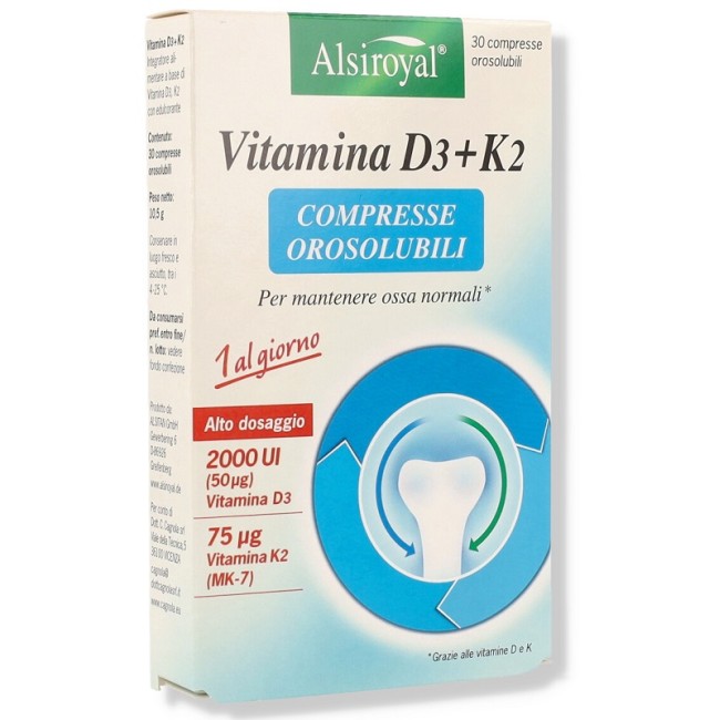 Confezione da 30 compresse di Alsiroyal Vitamina D3 + K2, integratore per il benessere delle ossa.