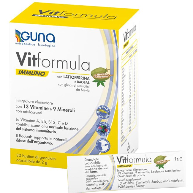 Confezione da 30 bustine di Guna Vitformula integratore antiossidante che rafforza il sistema immunitario Confezione da 30 bustine di Guna Vitformula integratore antiossidante che rafforza il sistema immunitario