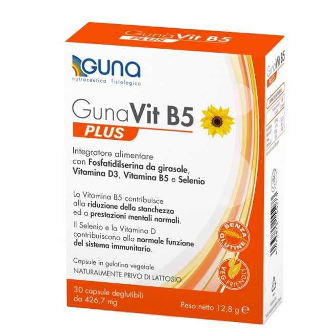 Confezione da 30 capsule di Gunavit B5 Plus integratore per rafforzare il sistema immunitario. Confezione da 30 capsule di Gunavit B5 Plus integratore per rafforzare il sistema immunitario.