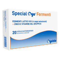 Confezione da 20 capsule di Speciali Byo Fermenti, integratore probiotico per l'equilibrio intestinale.