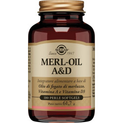 Barattolo da 100 perle di Solgar Merl-Oil A&D, integratore per la vista e il sistema immunitario.
