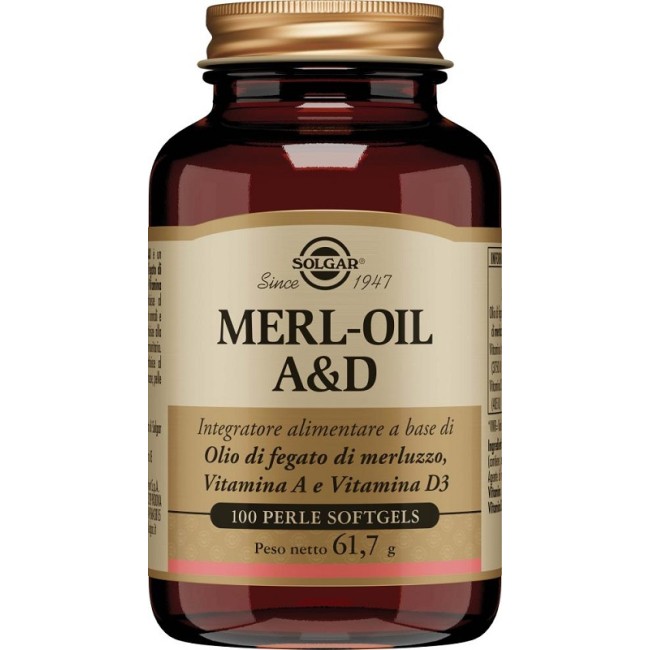 Barattolo da 100 perle di Solgar Merl-Oil A&D, integratore per la vista e il sistema immunitario. Barattolo da 100 perle di Solgar Merl-Oil A&D, integratore per la vista e il sistema immunitario.