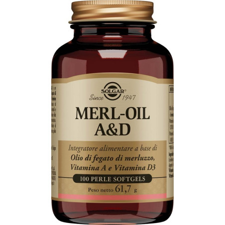 Barattolo da 100 perle di Solgar Merl-Oil A&D, integratore per la vista e il sistema immunitario.