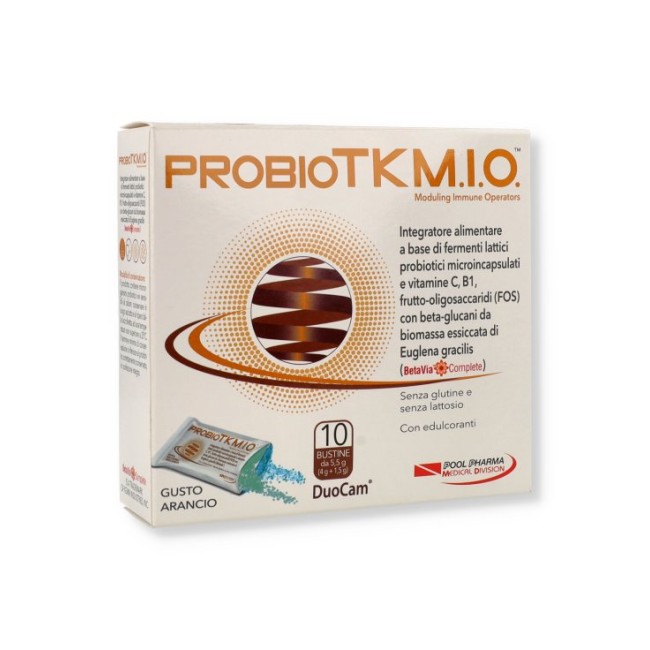 Confezione da 10 buste di ProbioTK M.I.O. integratore di fermenti lattici per il benessere intestinale. Confezione da 10 buste di ProbioTK M.I.O. integratore di fermenti lattici per il benessere intestinale.
