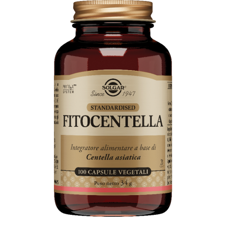 Barattolo da 100 capsule vegetali di Solgar Fitocentella, integratore per microcircolo e gambe gonfie.