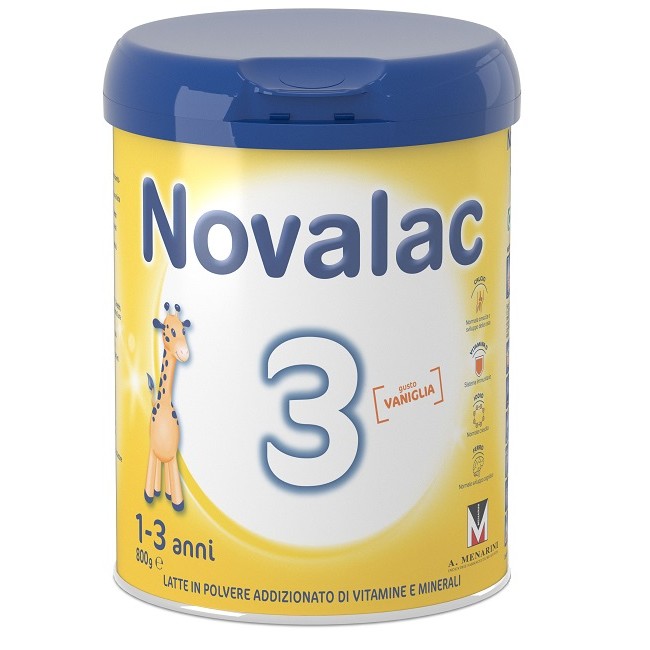 Barattolo da 800 grammi di Novalac 3, latte di crescita per bambini da 1 a 3 anni. Barattolo da 800 grammi di Novalac 3, latte di crescita per bambini da 1 a 3 anni.