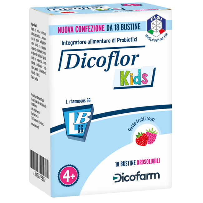 Confezione da 18 bustine orosolubili ai frutti rossi di Dicoflor Kids integratore di fermenti lattici per bambini. Confezione da 18 bustine orosolubili ai frutti rossi di Dicoflor Kids integratore di fermenti lattici per bambini.