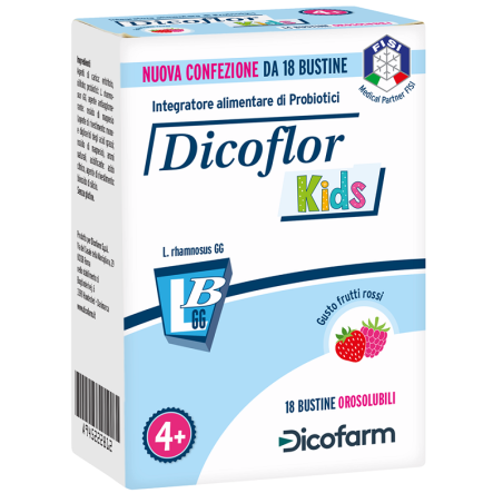 Confezione da 18 bustine orosolubili ai frutti rossi di Dicoflor Kids integratore di fermenti lattici per bambini.