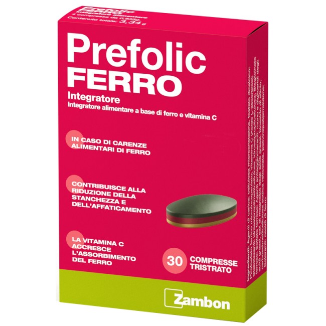 Confezione da 30 compresse di Prefolic Ferro, integratore di ferro. Confezione da 30 compresse di Prefolic Ferro, integratore di ferro.