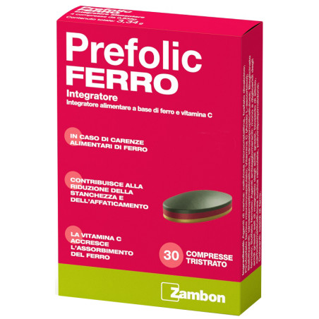Confezione da 30 compresse di Prefolic Ferro, integratore di ferro.