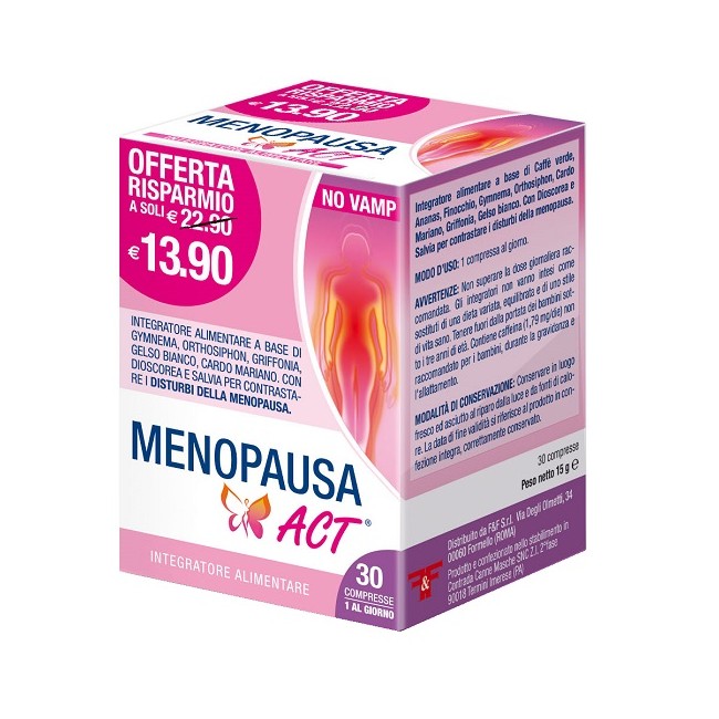 Confezione da 30 compresse di Menopausa Act, integratore per i disturbi della menopausa. Confezione da 30 compresse di Menopausa Act, integratore per i disturbi della menopausa.