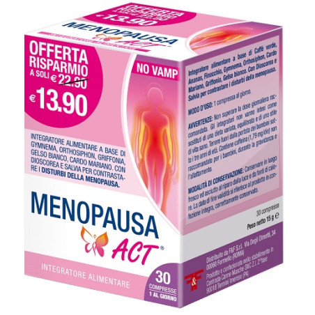 Confezione da 30 compresse di Menopausa Act, integratore per i disturbi della menopausa.