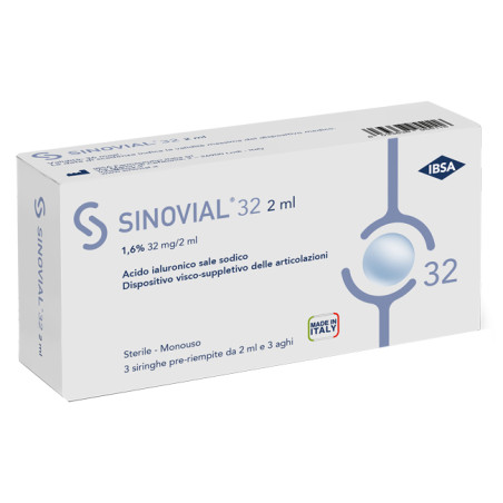 SIRINGA INTRA-ARTICOLARE SINOVIAL 32 ACIDO IALURONICO 1,6% 32 MG/2 ML 1 FS + AGO GAUGE 21 3 PEZZI SIRINGA INTRA-ARTICOLARE SINOVIAL 32 ACIDO IALURONICO 1,6% 32 MG/2 ML 1 FS + AGO GAUGE 21 3 PEZZI