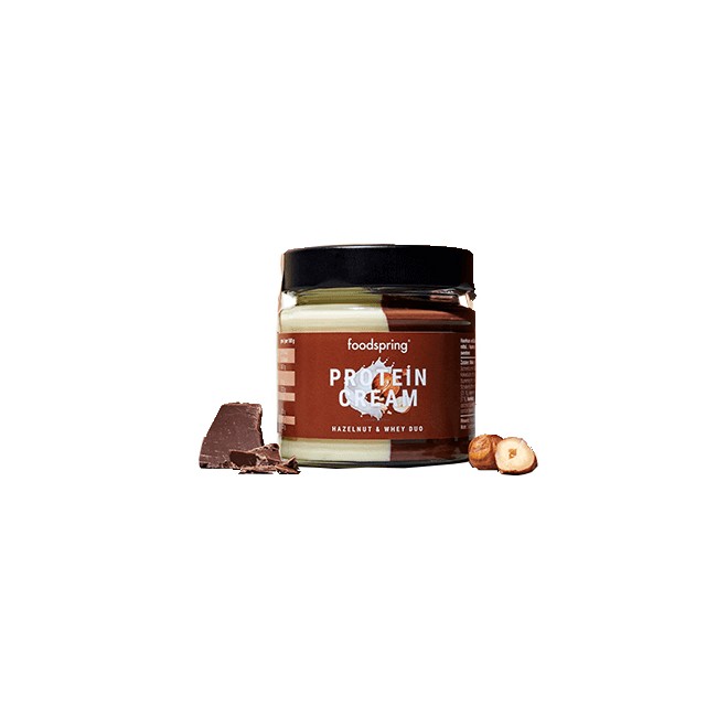Barattolo da 200 grammi di Foodspring crema proteica DUO gusto nocciola senza olio di palma Barattolo da 200 grammi di Foodspring crema proteica DUO gusto nocciola senza olio di palma