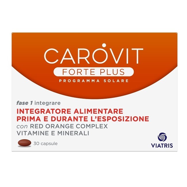 Confezione da 30 capsule di Carovit Forte Plus, integratore che protegge la pelle dall'esposizione ai raggi solari. Confezione da 30 capsule di Carovit Forte Plus, integratore che protegge la pelle dall'esposizione ai raggi solari.