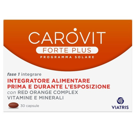 Confezione da 30 capsule di Carovit Forte Plus, integratore che protegge la pelle dall'esposizione ai raggi solari.