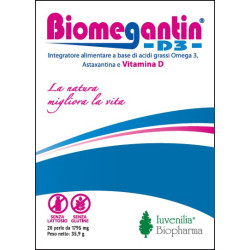 Confezione da 20 perle di Biomegantin D3, integratore per ossa e salute cardiaca.